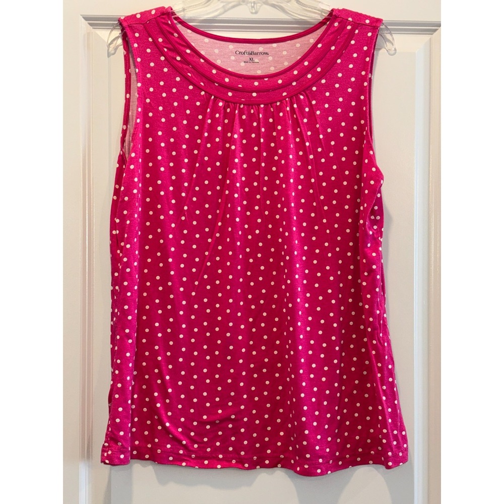 Croft‎ & Barrow Tank Top Womens XL Hot Pink Polka Dots Knit Pleated Round Neck